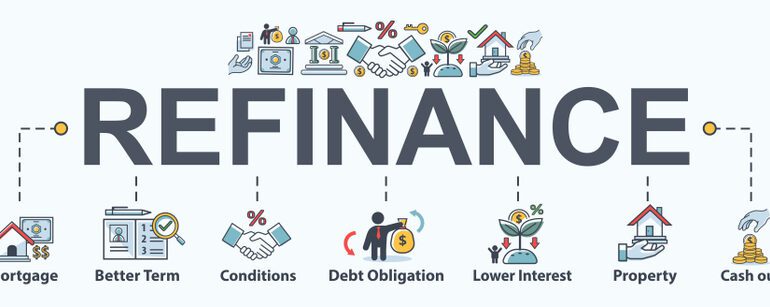 Refinance banner web icon for financial and home loan, mortgage, better term, debt obligation, property, lower interest and cash out. Minimal vector infographic.